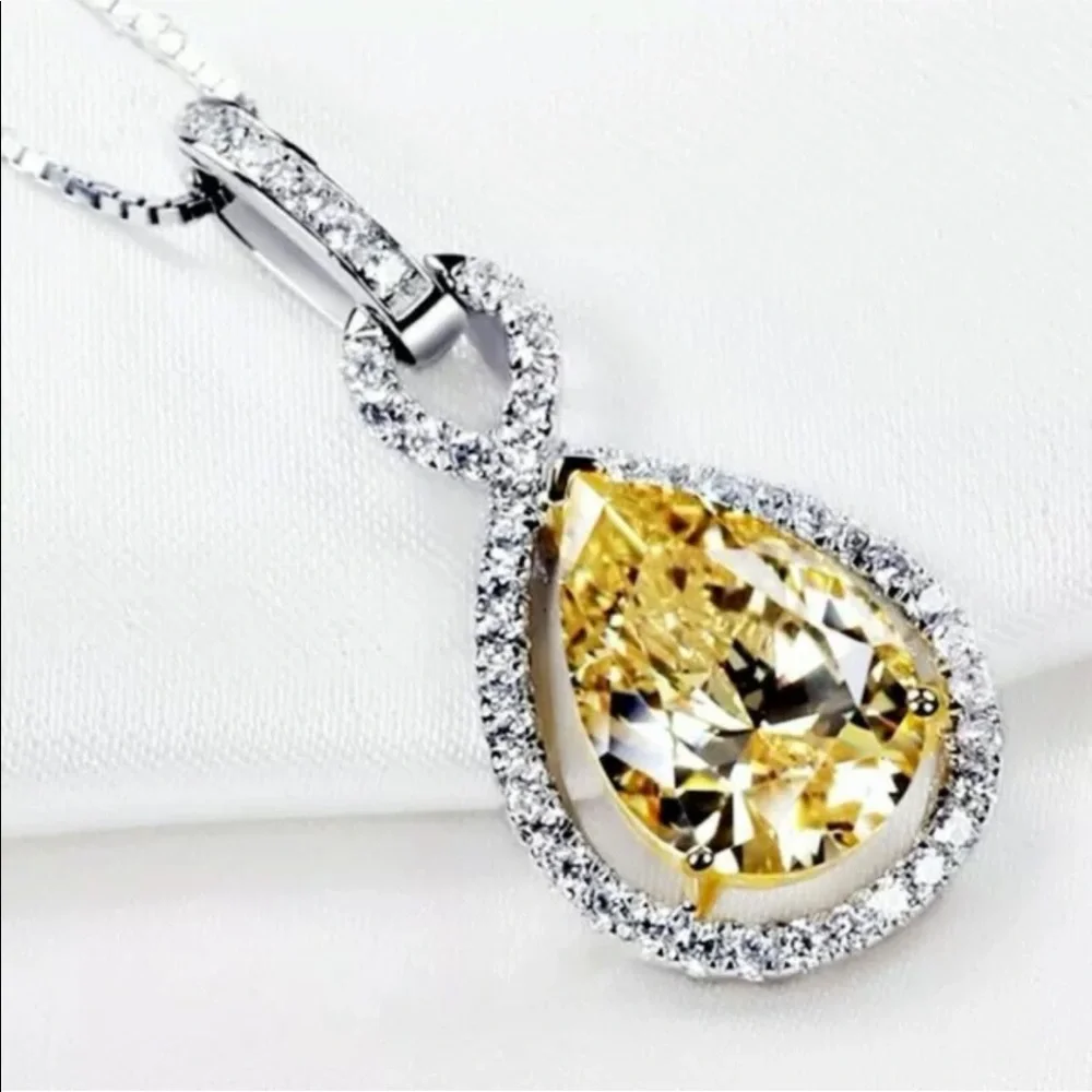 Stunning Citrine Yellow Diamond Silver Pendant Necklace